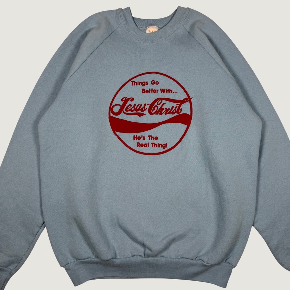 Vintage Fruit of the Loom Jesus Christ Coca-Cola Parody Sweatshirt Blue XL USA